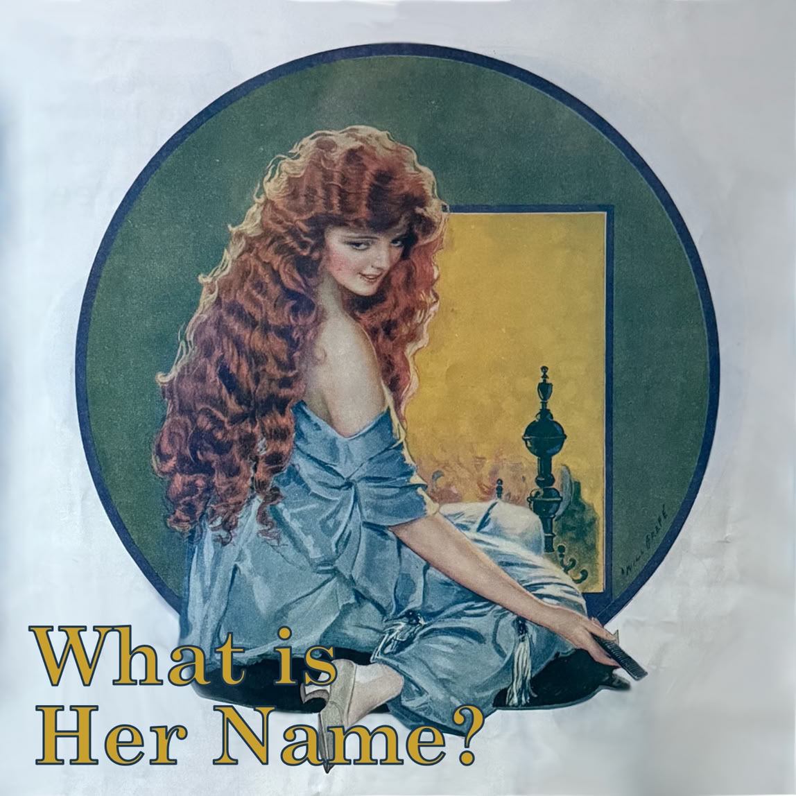 A woman with long red hair in a blue dress sits in front of a circular background with a silhouette of a building. The text "What is Her Name?" is at the bottom left.